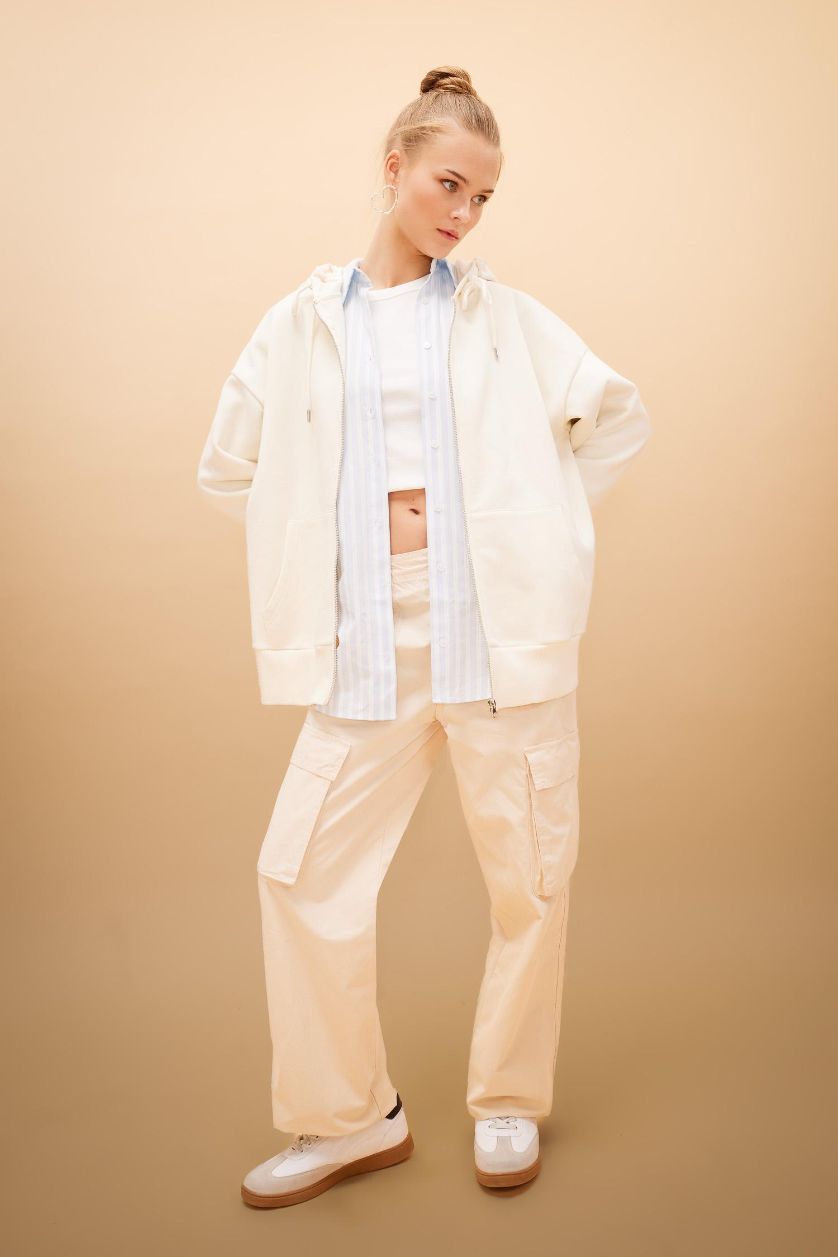 WOMAN Beige Straight Fit High Waist Standard Length Cargo Pants