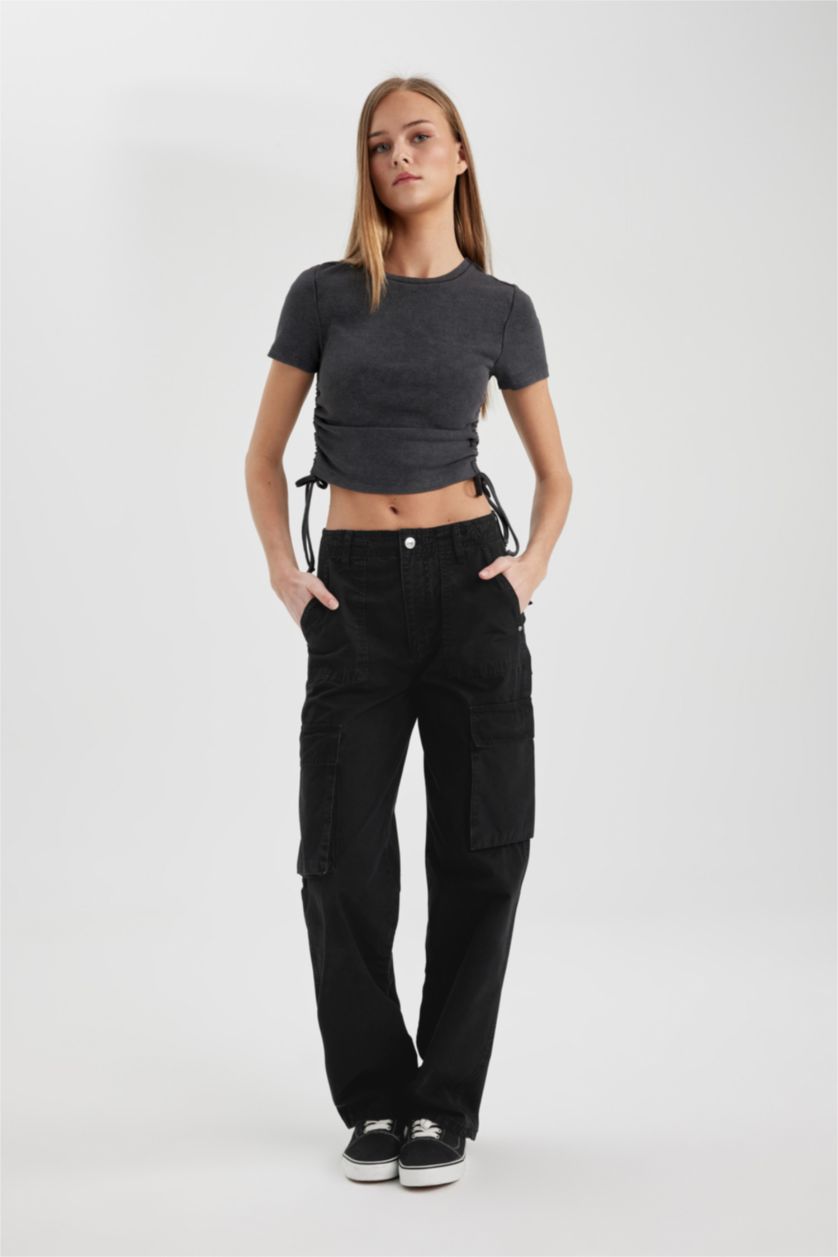 Kadın Siyah Gabardin Pantolon Straight Fit Standart Boy Yüksek Bel Kargo Cepli
