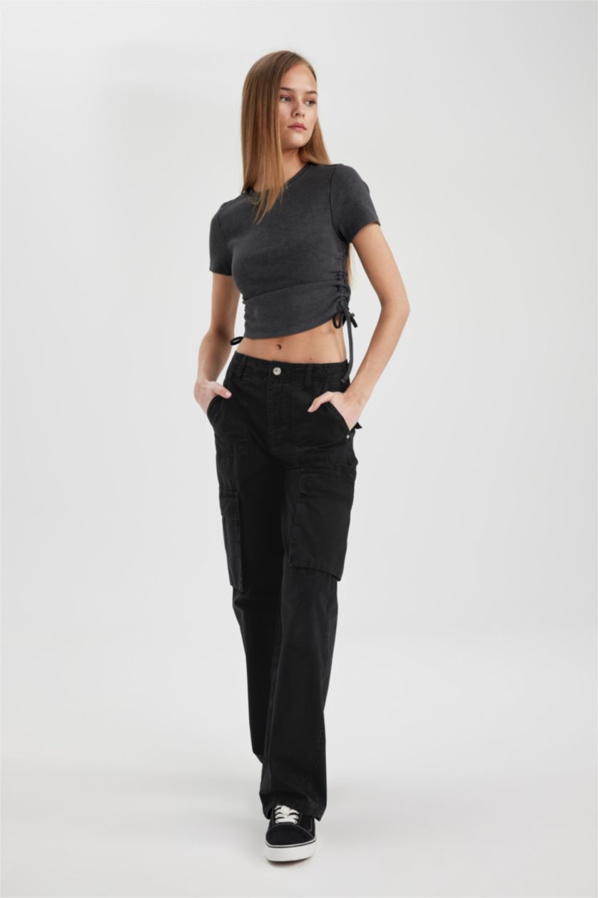 Kadın Siyah Gabardin Pantolon Straight Fit Standart Boy Yüksek Bel Kargo Cepli
