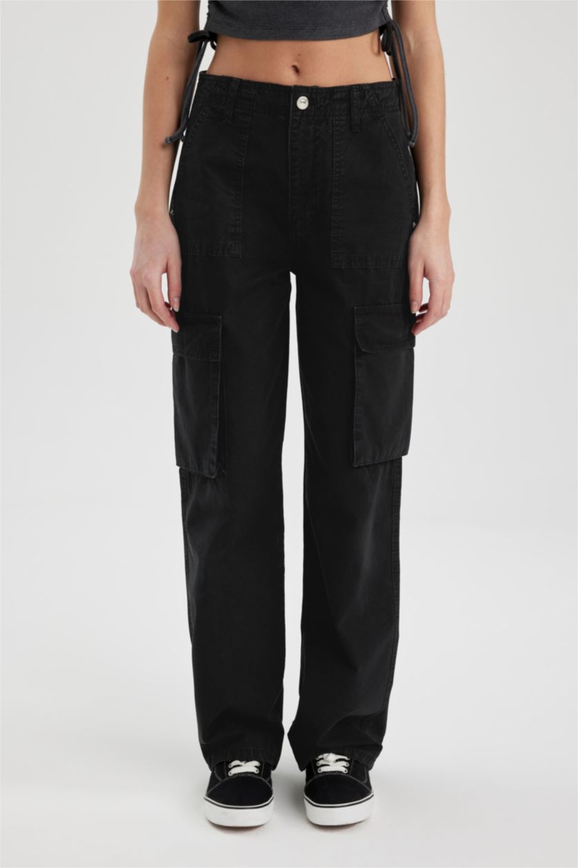 Kadın Siyah Gabardin Pantolon Straight Fit Standart Boy Yüksek Bel Kargo Cepli
