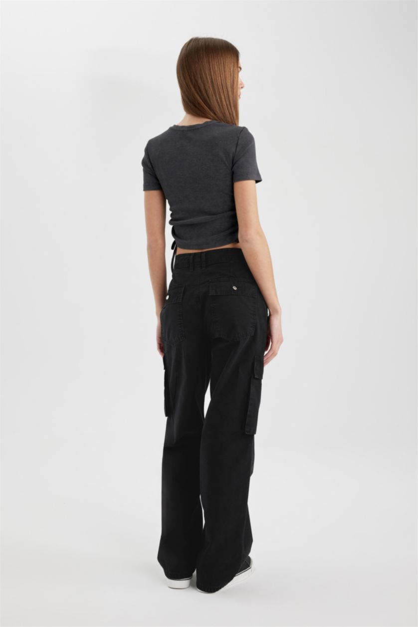 Kadın Siyah Gabardin Pantolon Straight Fit Standart Boy Yüksek Bel Kargo Cepli