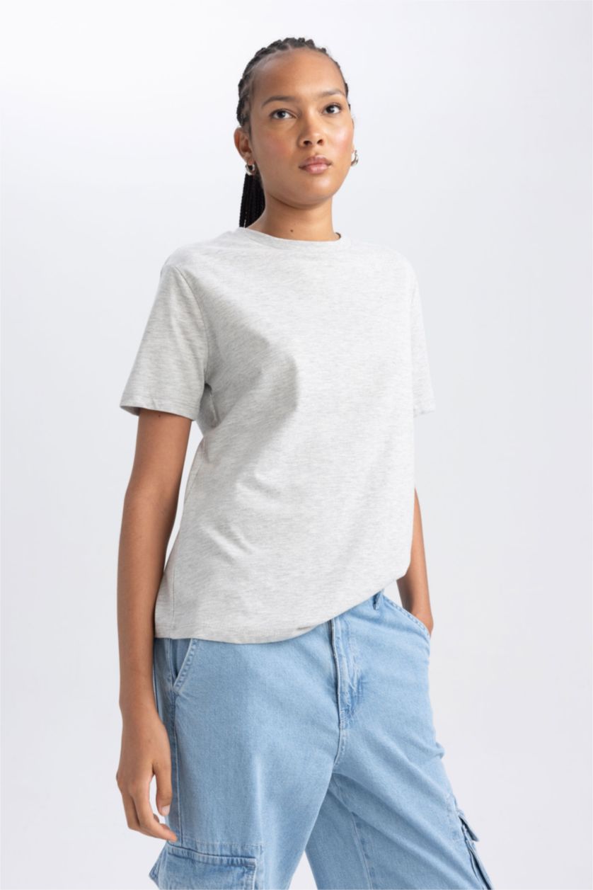 Kadın Gri Melanj Regular Fıt Kısa Kollu Tişört
