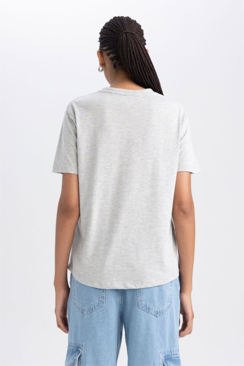 Kadın Gri Melanj Regular Fıt Kısa Kollu Tişört