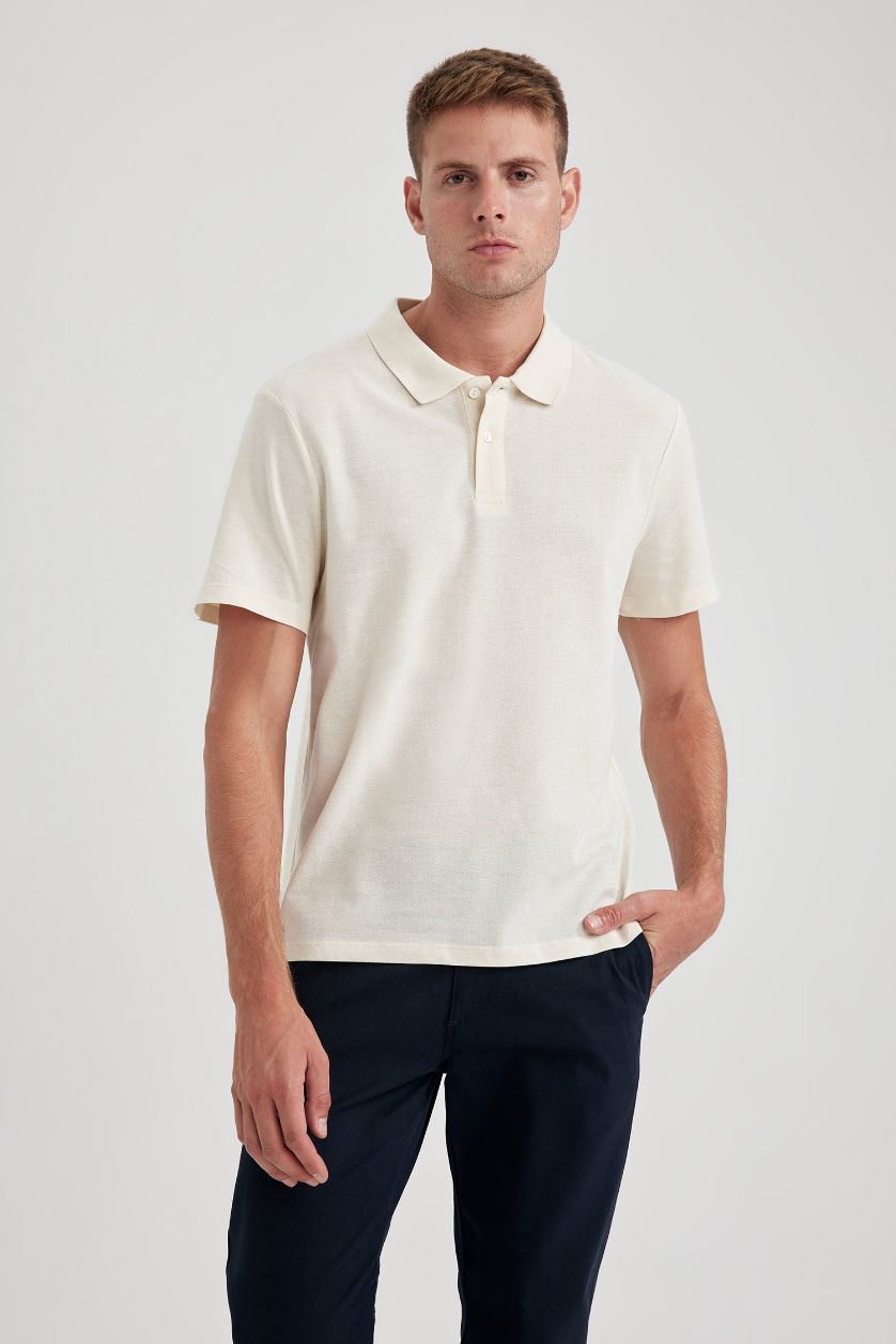 Erkek Açık Taş %100 Pamuk Regular Fit Polo Yaka Kısa Kollu Tişört