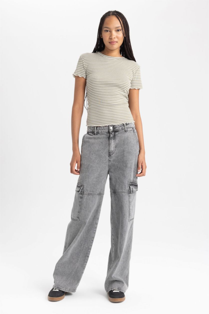 Kadın Haki Slım Fıt Bisiklet Yaka Kısa Kollu Tişört