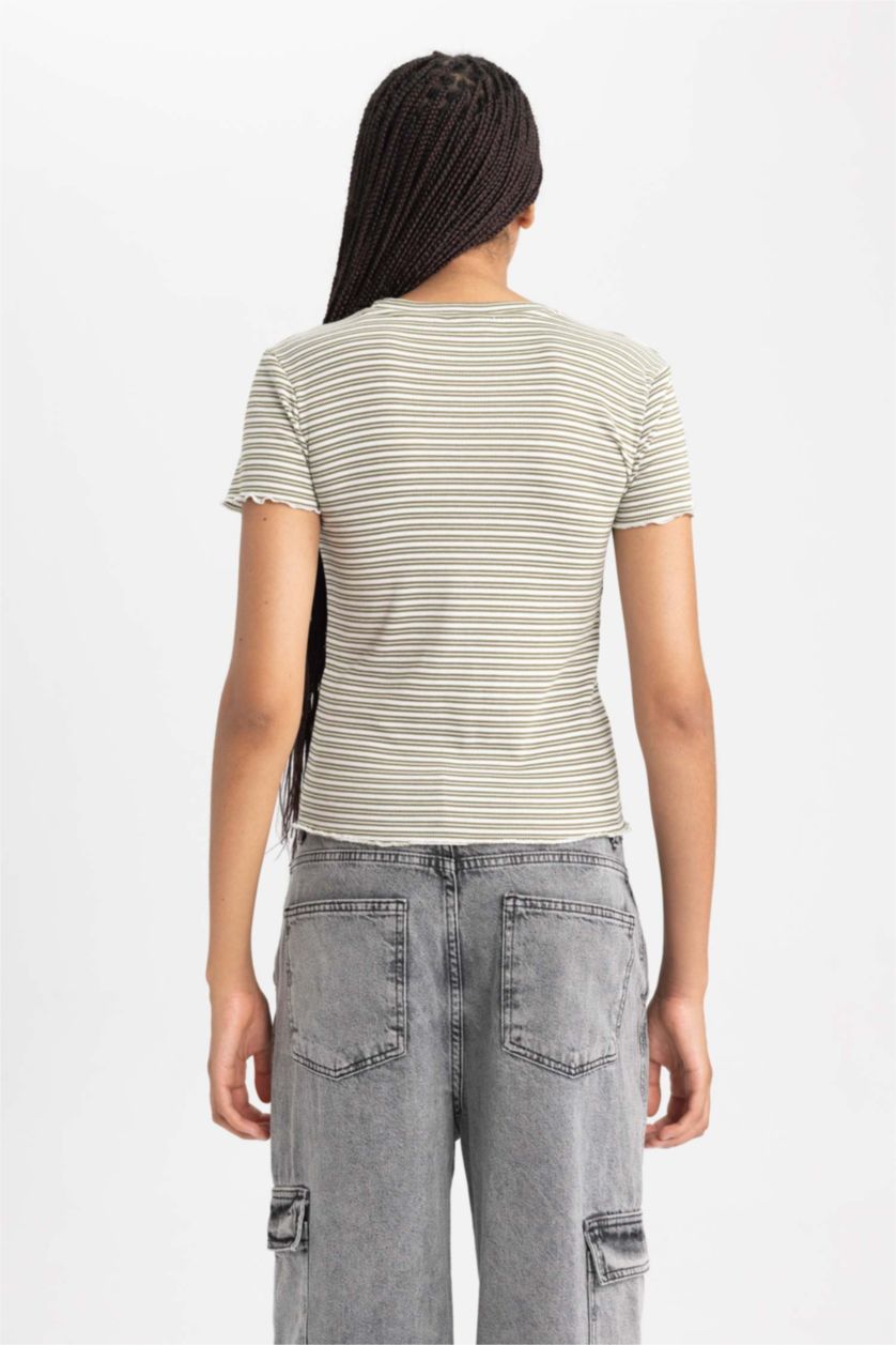 Kadın Haki Slım Fıt Bisiklet Yaka Kısa Kollu Tişört