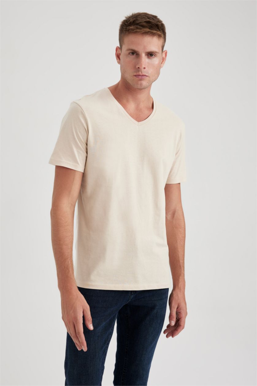 Man Light Beige Slim Fit V-Neck Cotton Short Sleeve T-Shirt