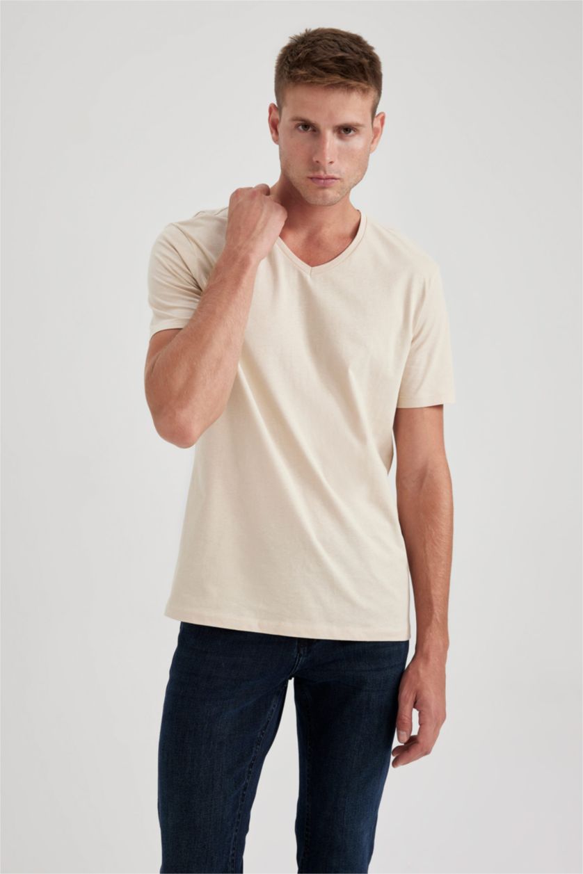 Man Light Beige Slim Fit V-Neck Cotton Short Sleeve T-Shirt