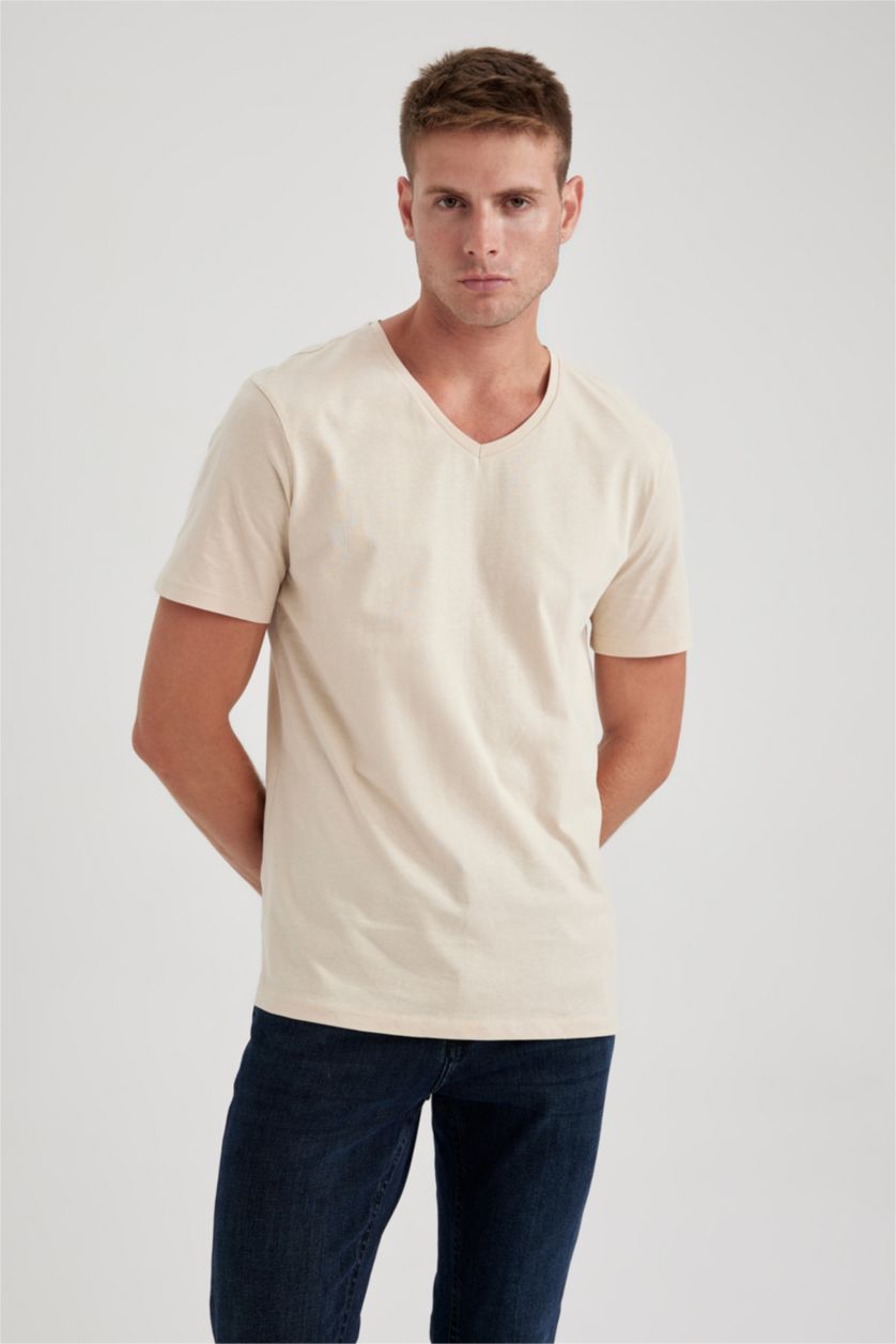 Man Light Beige Slim Fit V-Neck Cotton Short Sleeve T-Shirt