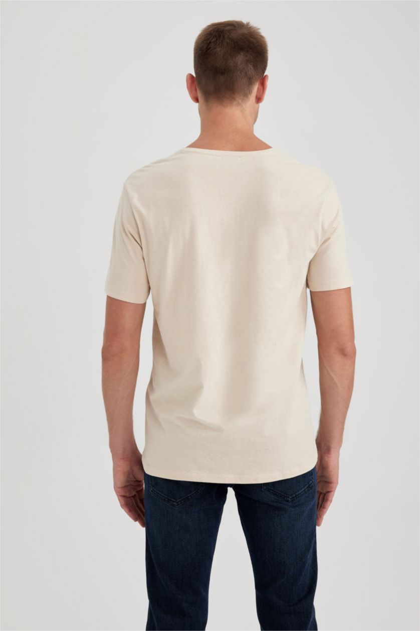 Man Light Beige Slim Fit V-Neck Cotton Short Sleeve T-Shirt