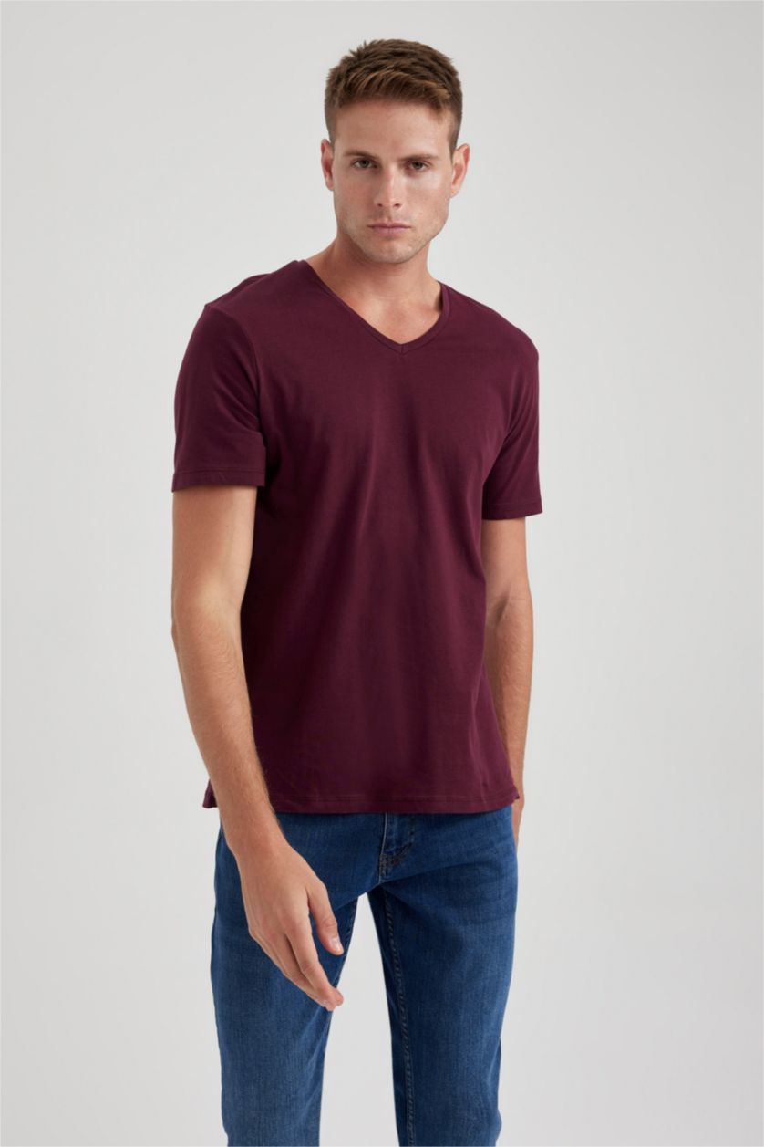 Erkek Bordo %100 Pamuk Slim Fit Dar Kesim V Yaka Kısa Kollu Tişört