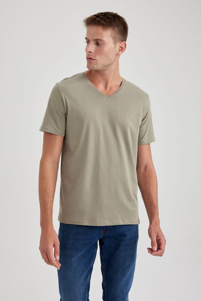 رجال كاكي غامق تي شيرت قطن سليم فيت بياخة V