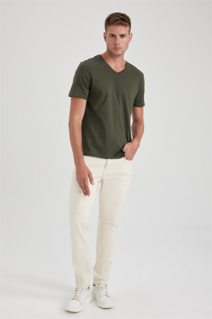 Erkek Açık Haki %100 Pamuk Slim Fit Dar Kesim V Yaka Kısa Kollu Tişört