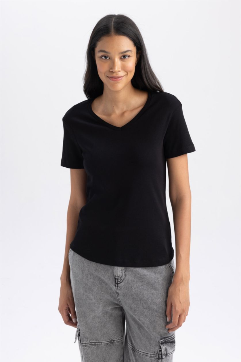 نساء أسود تي شيرت نص ردن سليم فيت