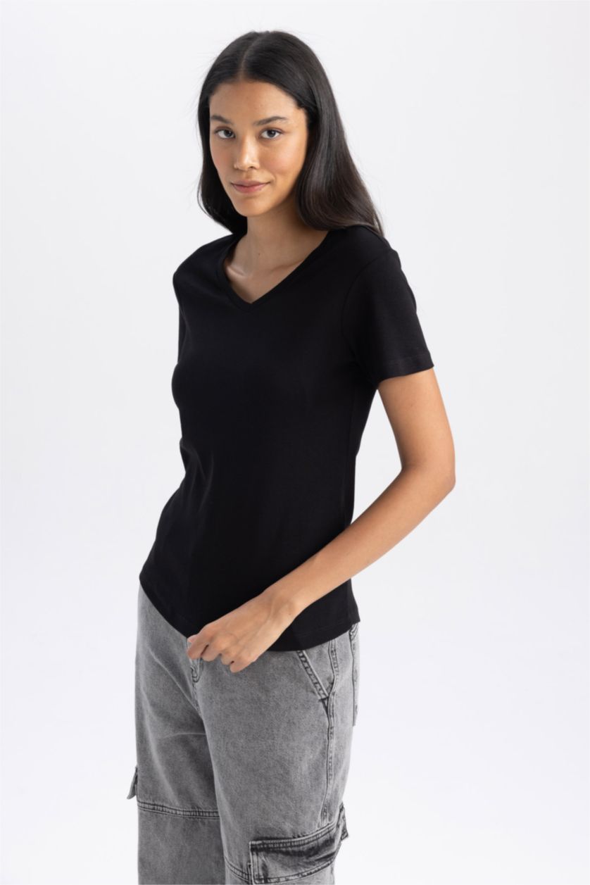 نساء أسود تي شيرت نص ردن سليم فيت