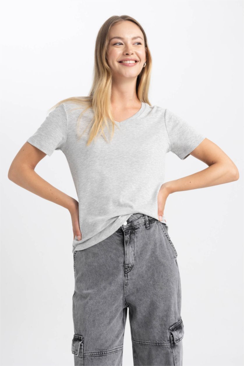 Kadın Gri Melanj Slım Fıt Ribana Kısa Kollu Tişört