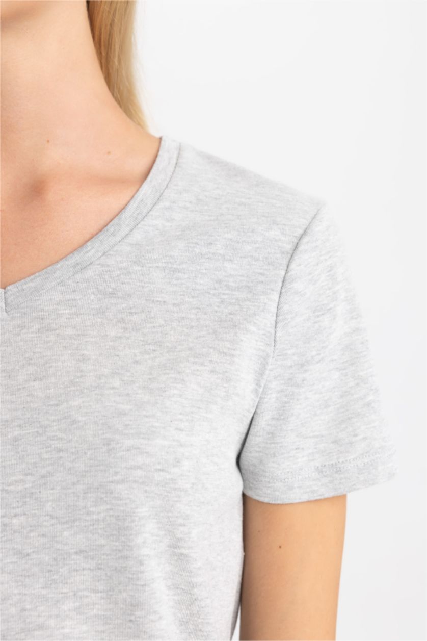 Kadın Gri Melanj Slım Fıt Ribana Kısa Kollu Tişört