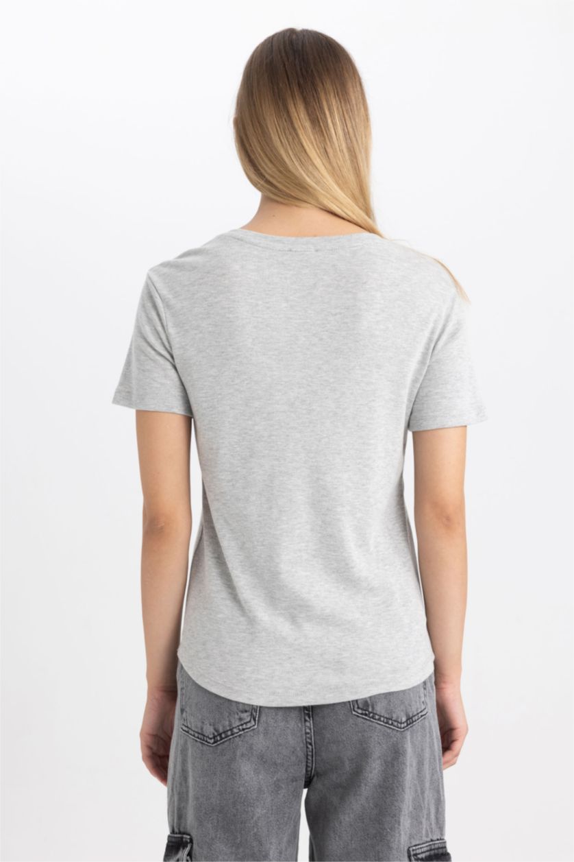 Kadın Gri Melanj Slım Fıt Ribana Kısa Kollu Tişört