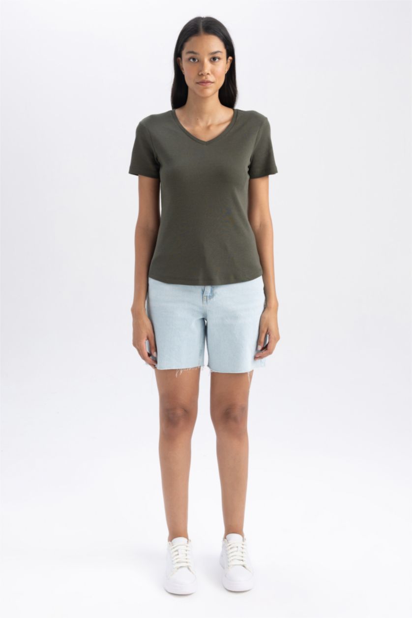 Kadın Koyu Haki Slım Fıt Ribana Kısa Kollu Tişört