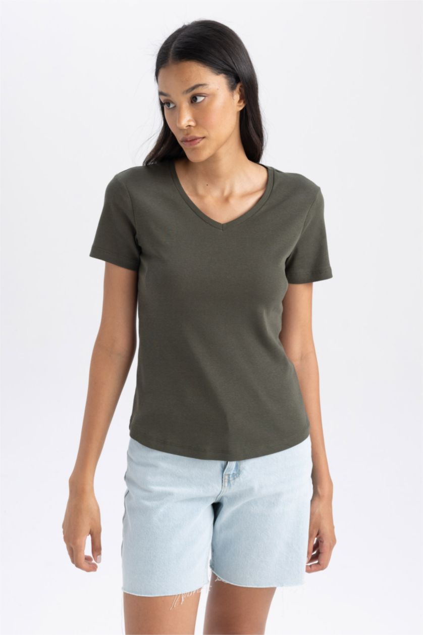 Kadın Koyu Haki Slım Fıt Ribana Kısa Kollu Tişört