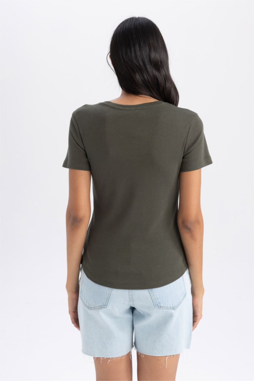 Kadın Koyu Haki Slım Fıt Ribana Kısa Kollu Tişört