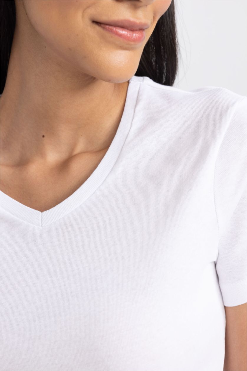 Kadın Beyaz Slım Fıt Ribana Kısa Kollu Tişört