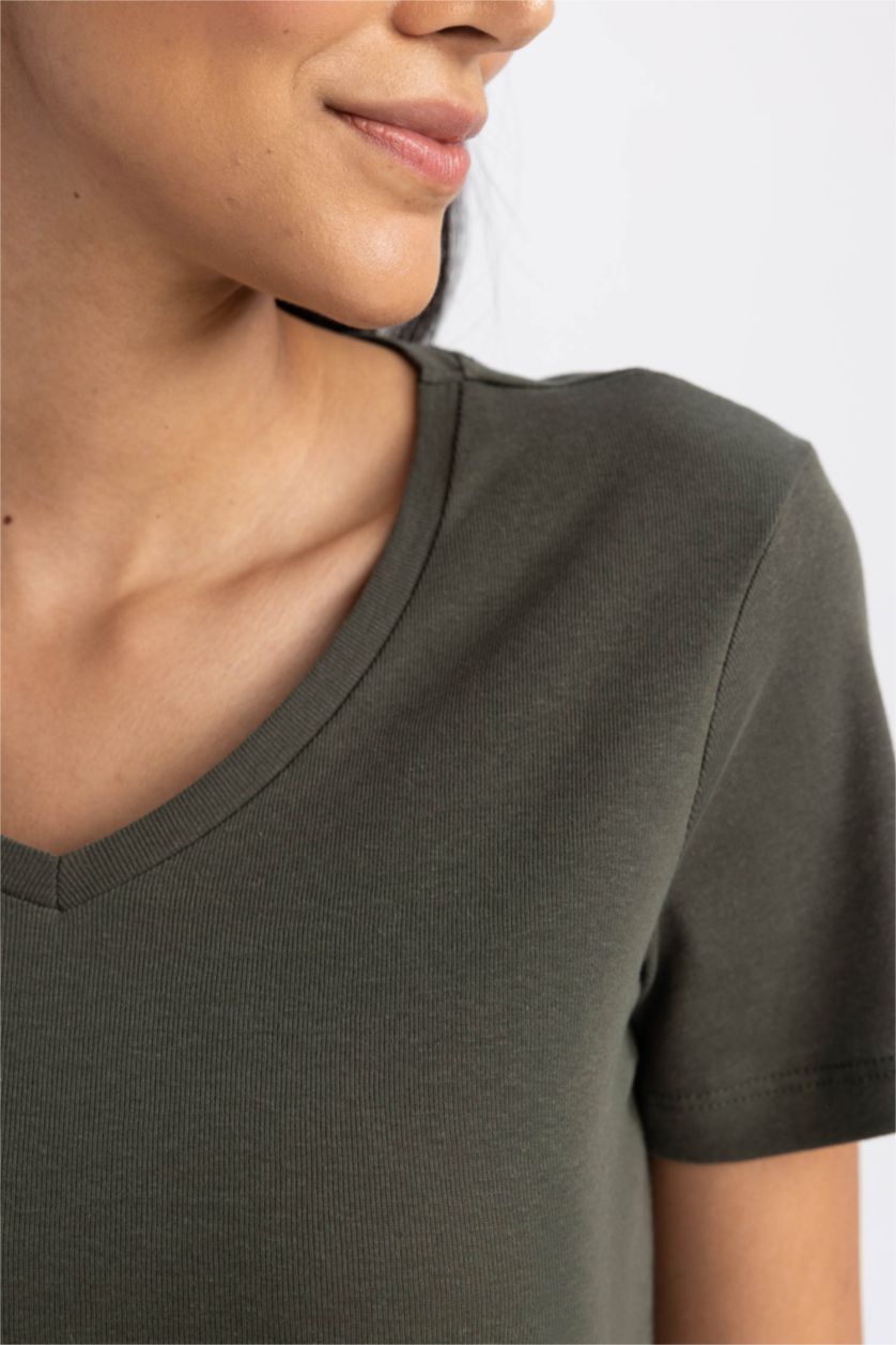 Women Dark Khaki Slim Fit Ribana Short Sleeve T-Shirt