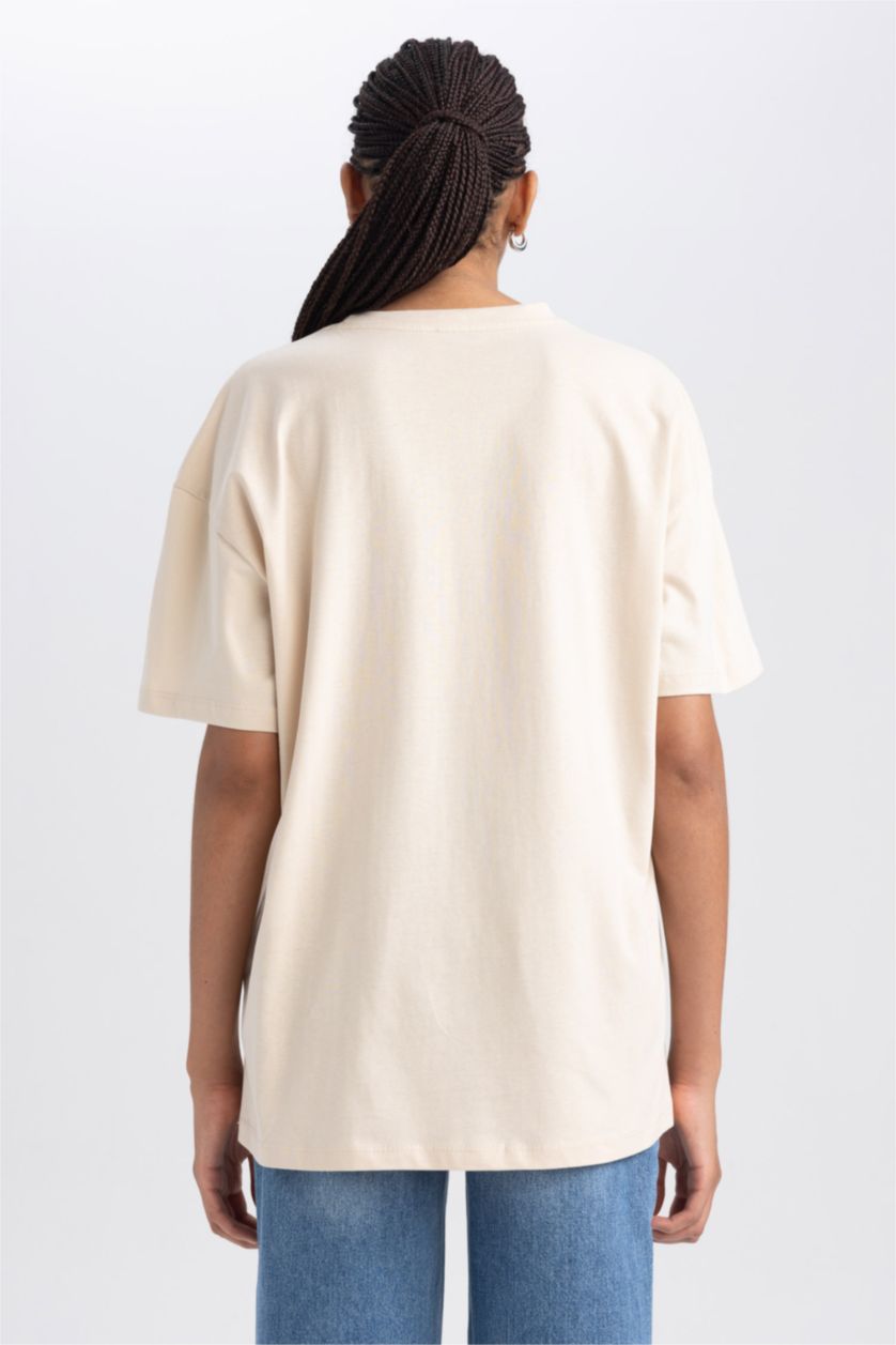 Kadın Açık Bej Oversıze Bisiklet Yaka Kısa Kollu Tişört