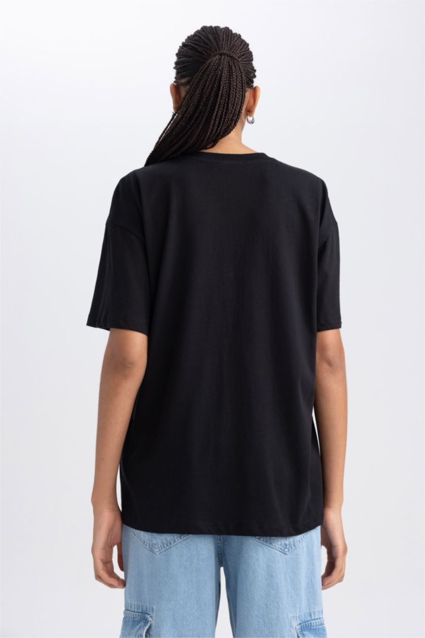 Woman Black Oversize Fit Crew Neck Short Sleeve T-Shirt
