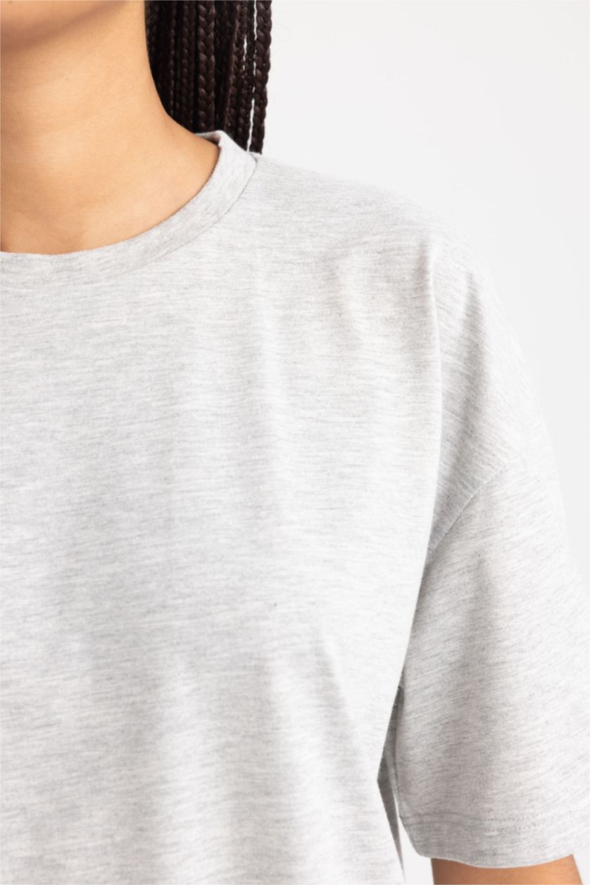 Kadın Gri Melanj Oversıze Bisiklet Yaka Kısa Kollu Tişört