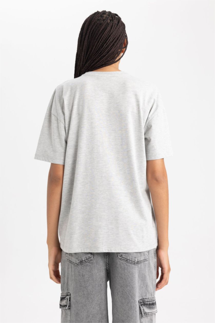 Kadın Gri Melanj Oversıze Bisiklet Yaka Kısa Kollu Tişört