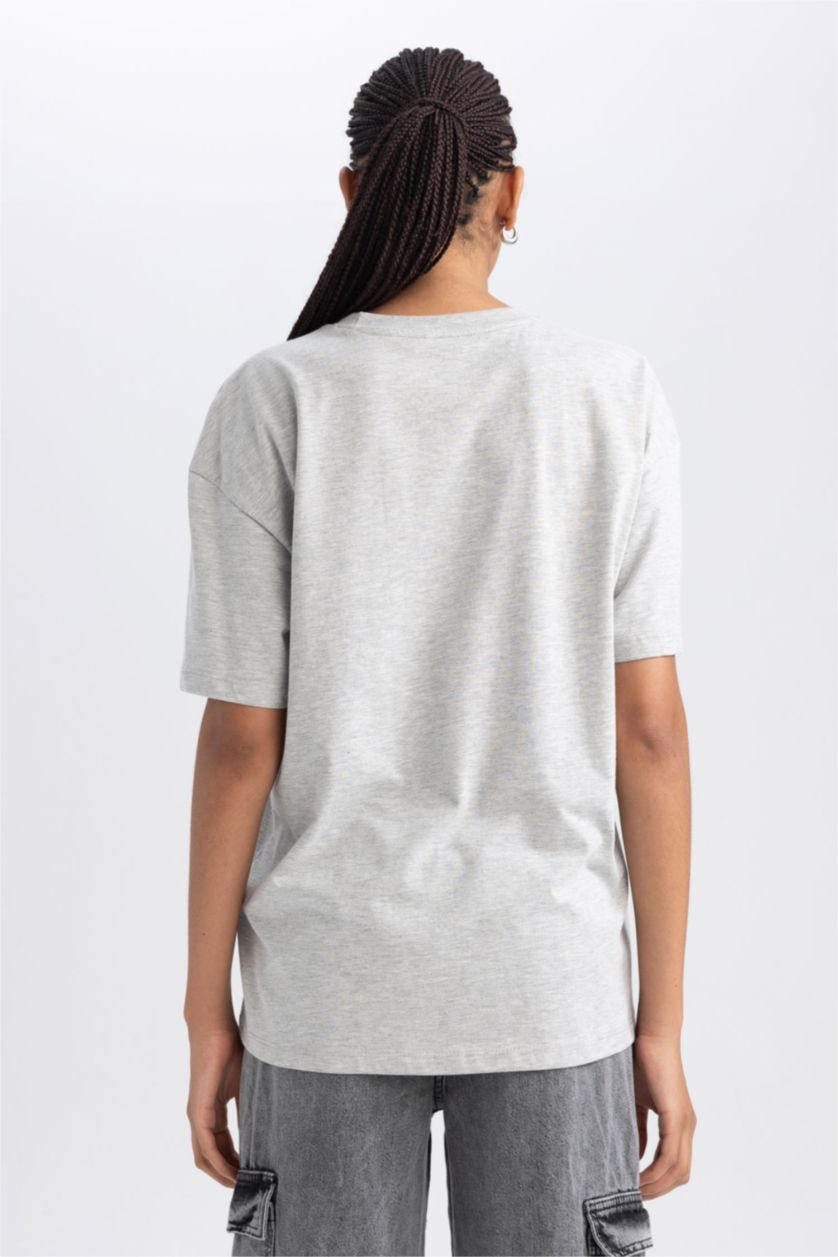 Kadın Gri Melanj Oversıze Bisiklet Yaka Kısa Kollu Tişört