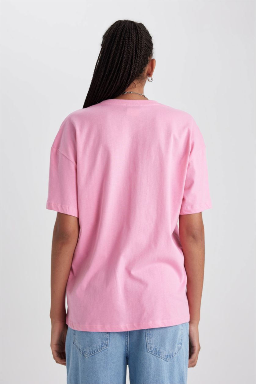 نساء زهري تي شيرت اوفر سايز نص ردن ياخة مستديرة