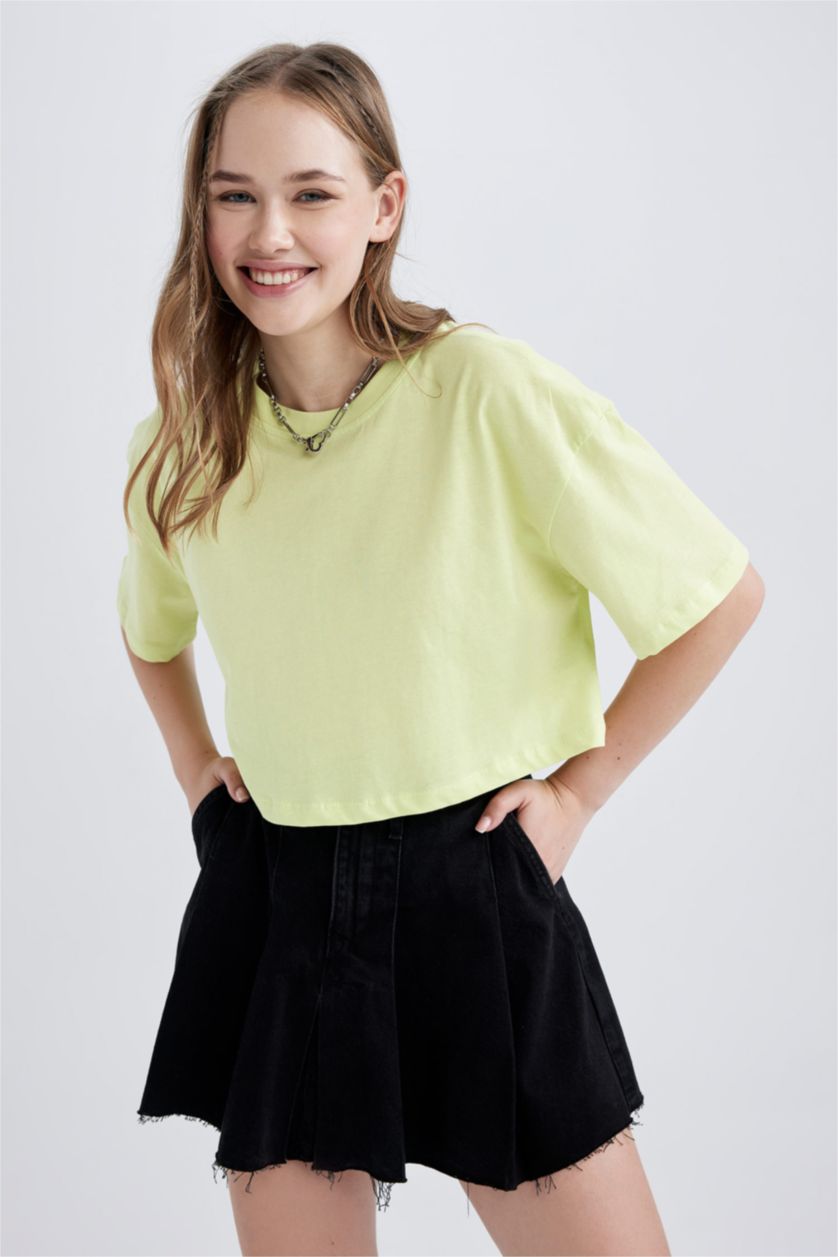 Kadın Açık Yeşil Oversıze Pamuklu Kısa Kollu Tişört