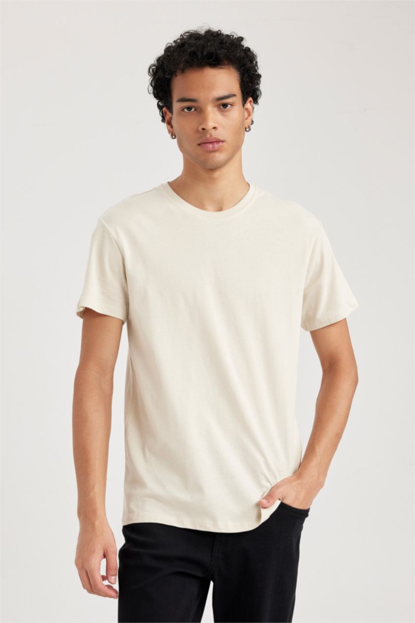 Erkek Bej %100 Pamuk Slim Fıt Basic Tişört