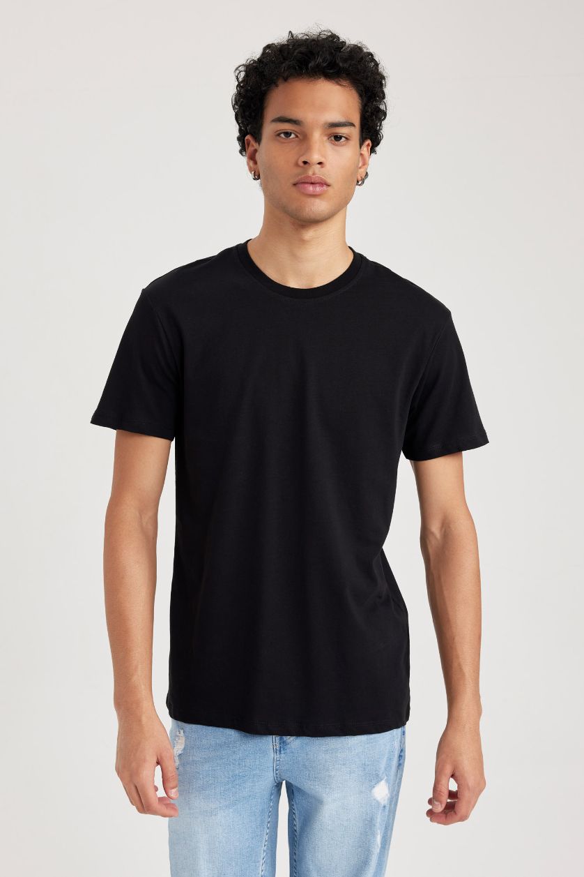 رجال أسود تي شيرت قطن سادة بيزك سليم فيت بياخة مستديرة