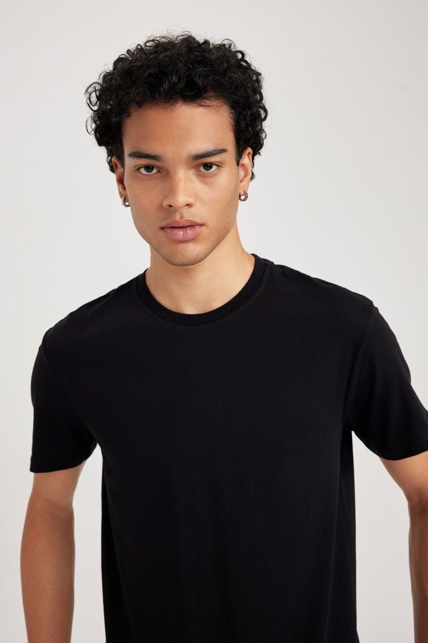 رجال أسود تي شيرت قطن سادة بيزك سليم فيت بياخة مستديرة