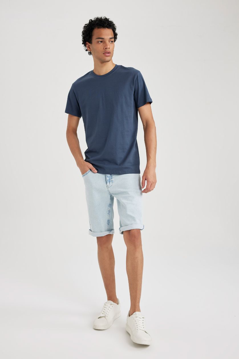 Erkek İndigo %100 Pamuk Slim Fit Dar Kesim Bisiklet Yaka Basic Düz Kısa Kollu Tişört