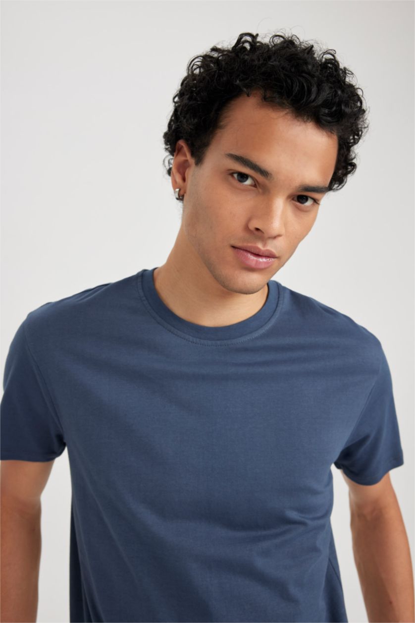 Erkek İndigo %100 Pamuk Slim Fit Dar Kesim Bisiklet Yaka Basic Düz Kısa Kollu Tişört