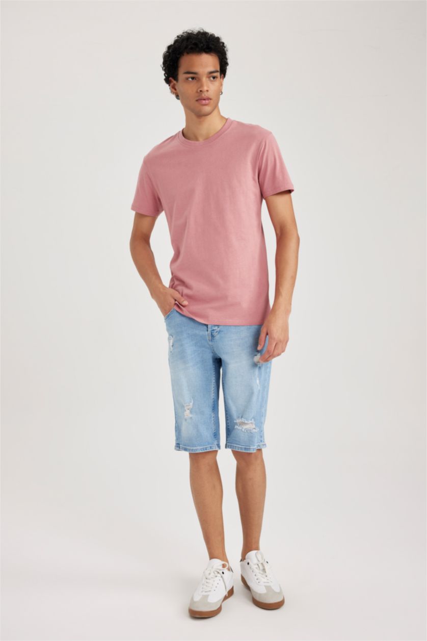 Erkek Gülkurusu %100 Pamuk Slim Fit Dar Kesim Bisiklet Yaka Basic Düz Kısa Kollu Tişört