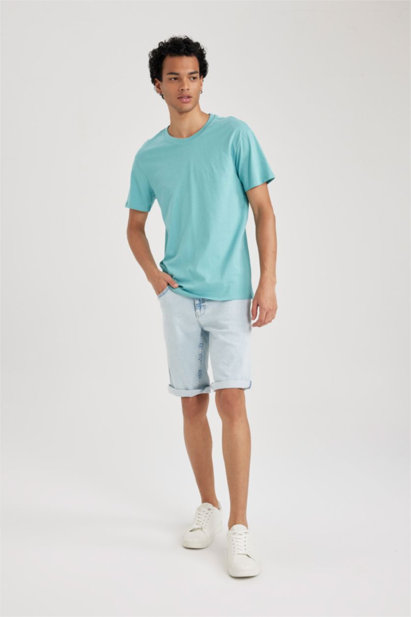 Erkek Koyu Deniz Mavisi %100 Pamuk Slim Fit Dar Kesim Bisiklet Yaka Basic Düz Kısa Kollu Tişört