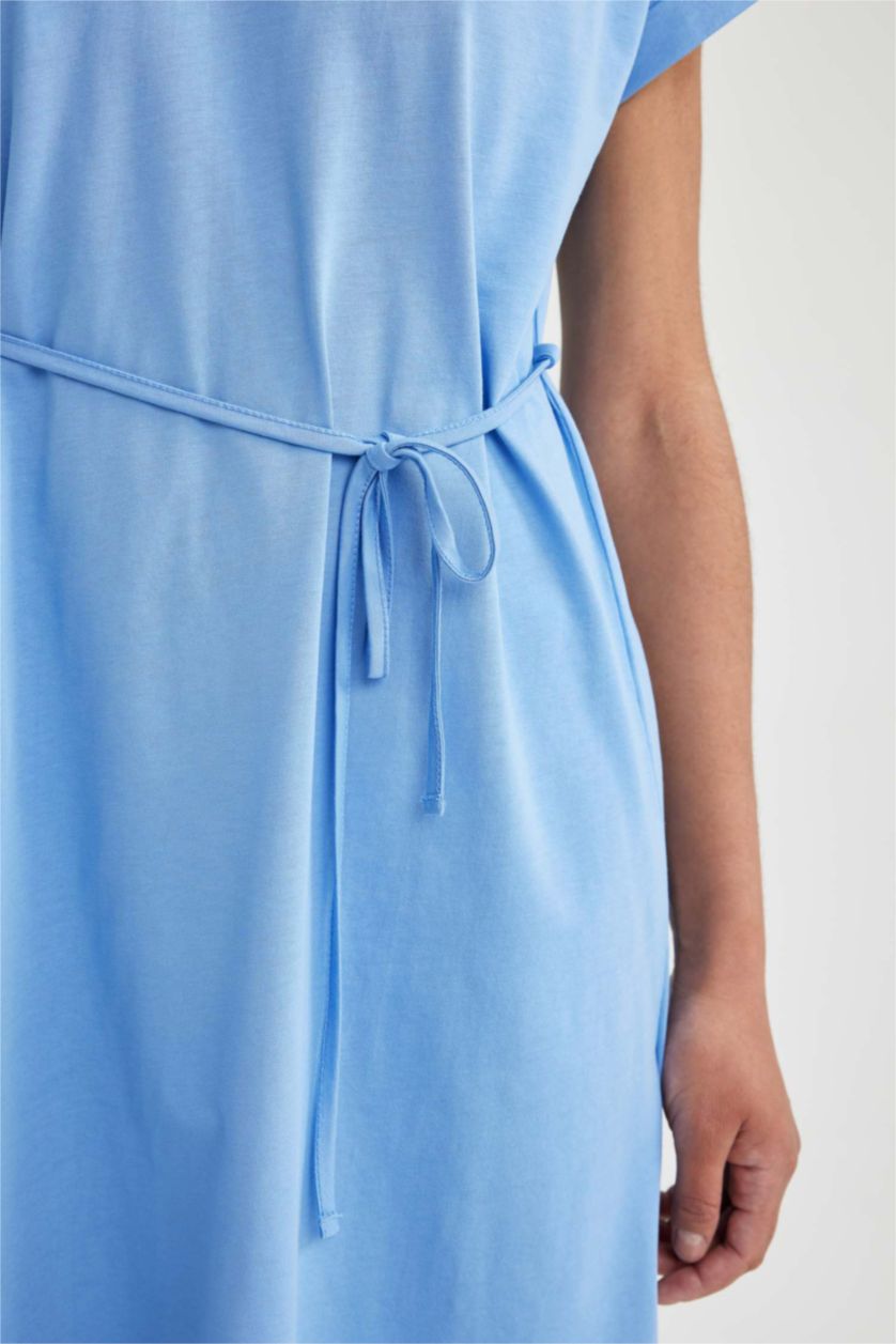 Kadın Mavi A Kesim Bisiklet Yaka Penye Kısa Kollu Elbise