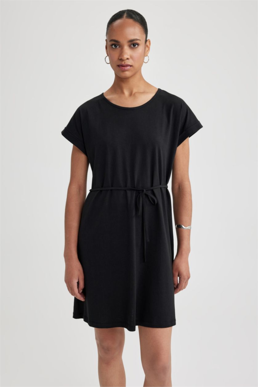 Kadın Siyah A Kesim Bisiklet Yaka Penye Kısa Kollu Elbise