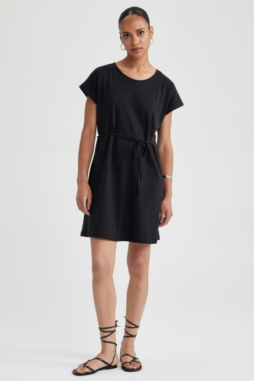 Kadın Siyah A Kesim Bisiklet Yaka Penye Kısa Kollu Elbise