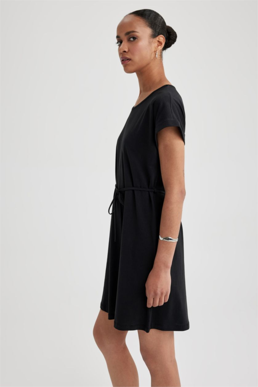Kadın Siyah A Kesim Bisiklet Yaka Penye Kısa Kollu Elbise