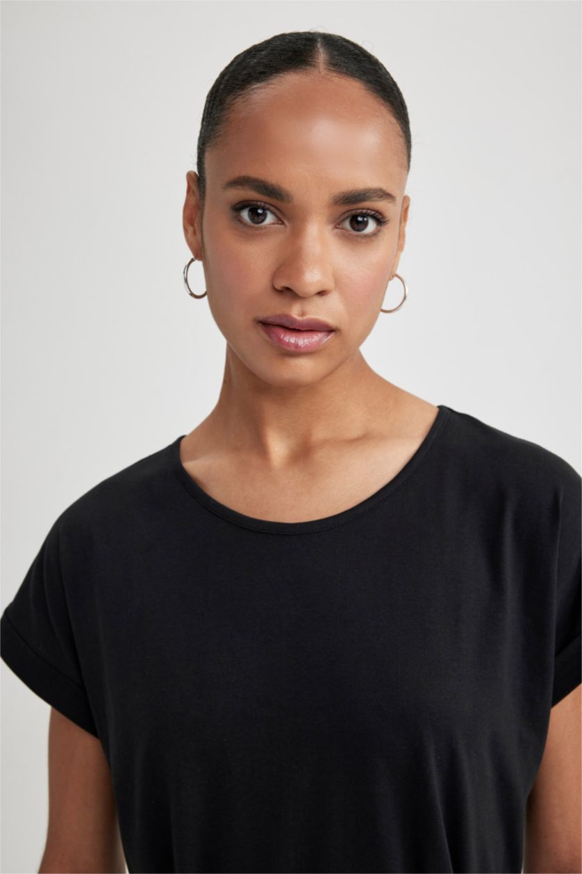 Kadın Siyah A Kesim Bisiklet Yaka Penye Kısa Kollu Elbise