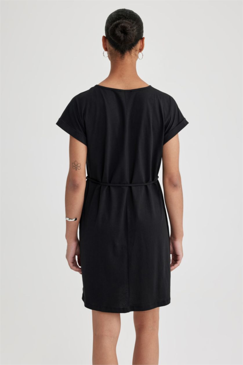 Kadın Siyah A Kesim Bisiklet Yaka Penye Kısa Kollu Elbise