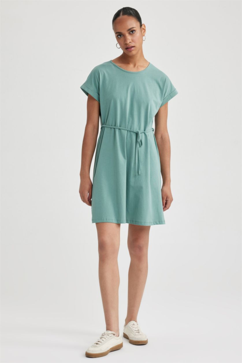 Kadın Yeşil A Kesim Bisiklet Yaka Penye Kısa Kollu Elbise