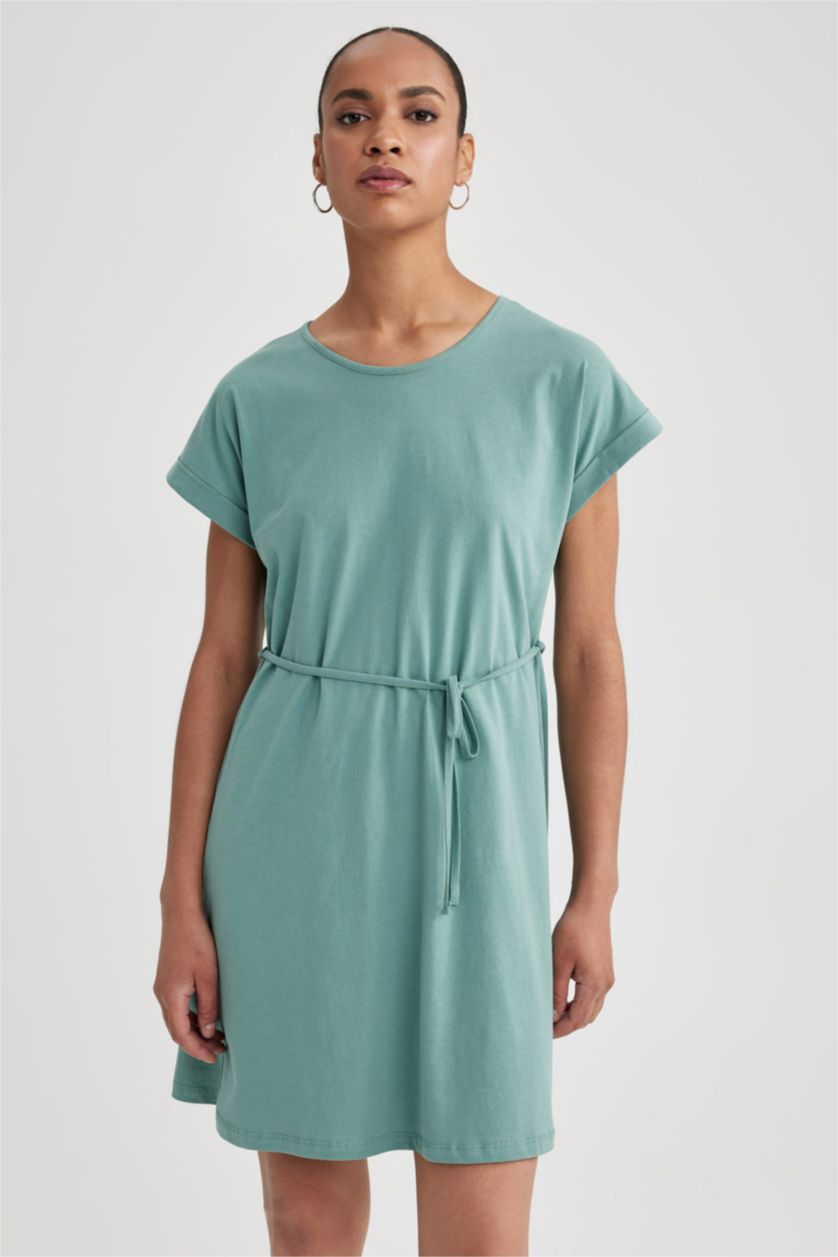 Kadın Yeşil A Kesim Bisiklet Yaka Penye Kısa Kollu Elbise