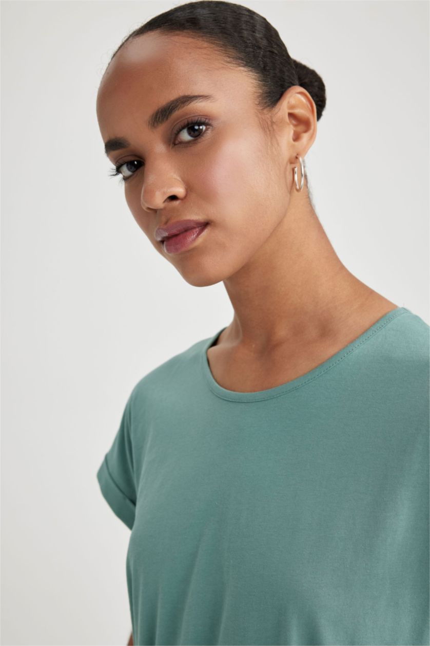 Kadın Yeşil A Kesim Bisiklet Yaka Penye Kısa Kollu Elbise